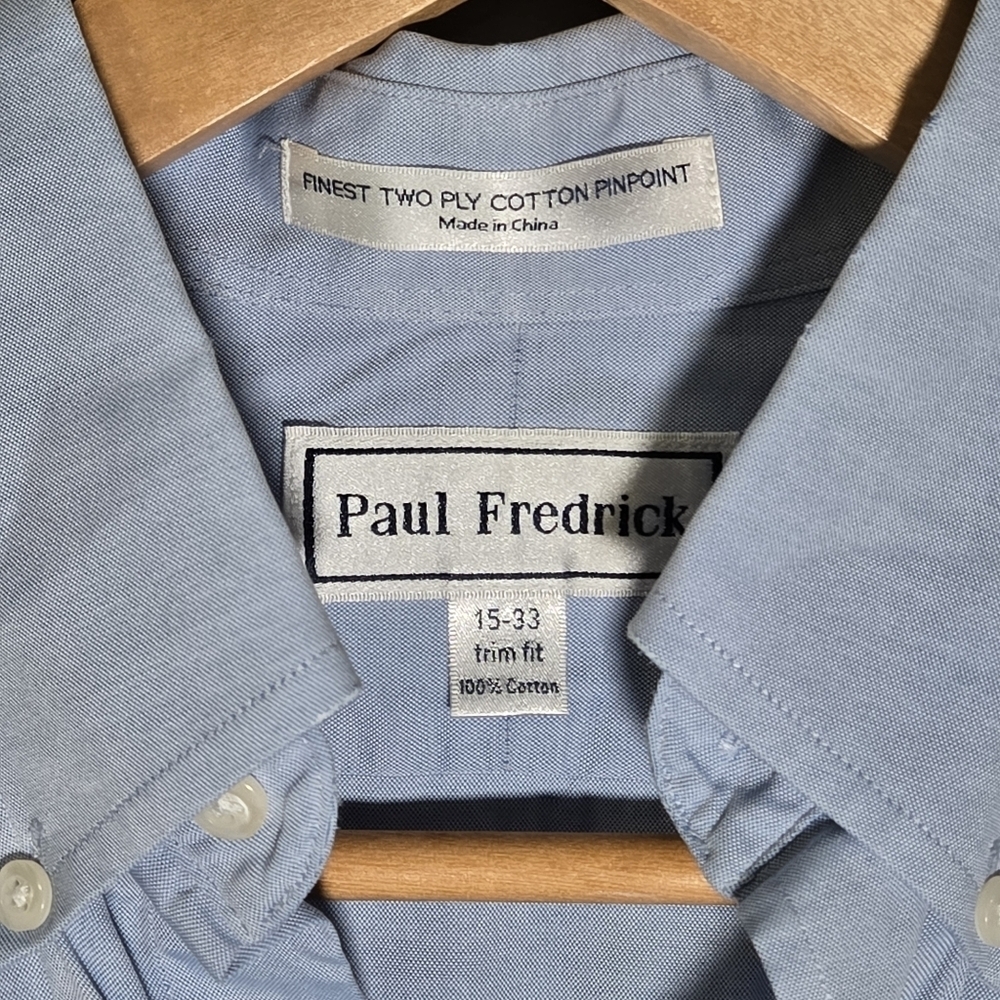 Paul Fredrick Men's 15-33 Trim Fit 💯 Light Blue Button-Down Shirt - Picture 2 of 8